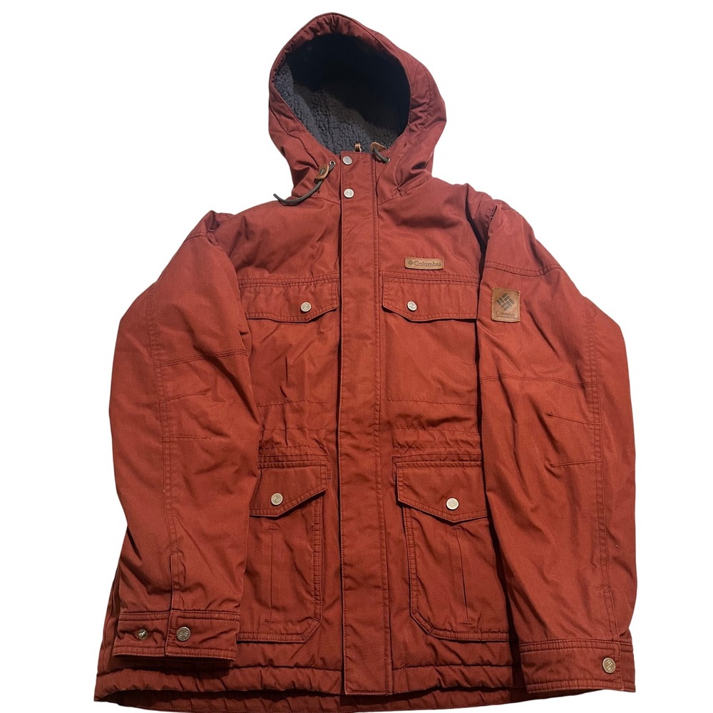 Columbia Jacket Mens Large Red Zip Hooded Sherpa Lined Outdoor Field Parka Coat